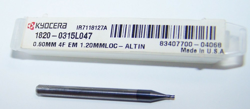 0.80mm (.0315″) CARBIDE END MILL 4 FLUTE STUB AlTiN COATED KYOCERA 1820-0315L047