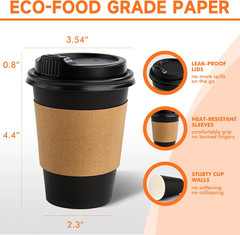 50 Pack 12 Oz Disposable Coffee Cups with Lids and Sleeves, Sturdy