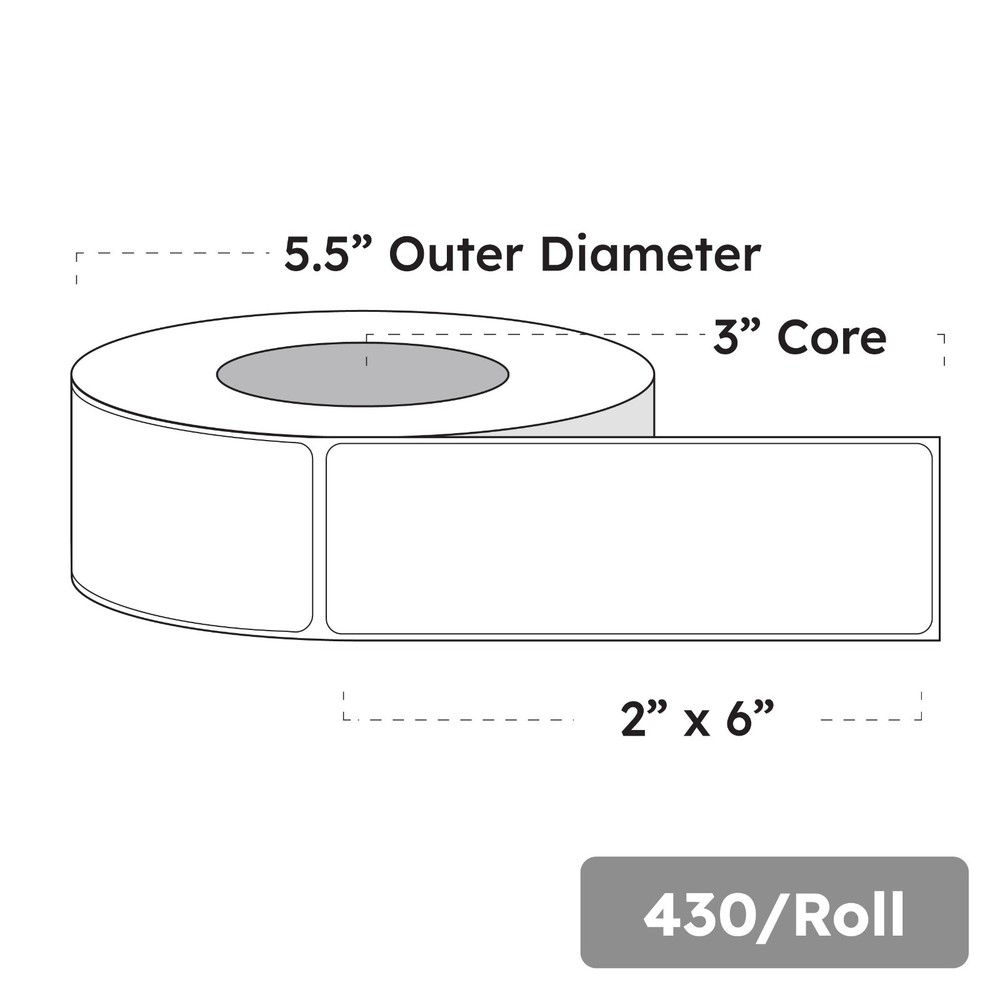 2″ x 6″ x 430 Labels, White Gloss BOPP Roll Inkjet Labels, 3″ Core, Blank