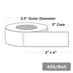 2″ x 6″ x 430 Labels, White Gloss BOPP Roll Inkjet Labels, 3″ Core, Blank