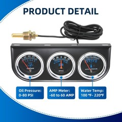 2inch 52mm Triple Gauge Set, Oil Pressure Gauge Water Temp Temperature Ammete…
