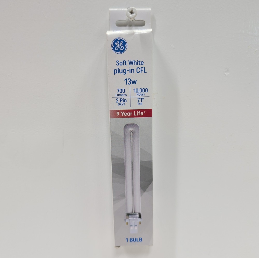 GE CFL Light Bulb 13W Soft White 700 Lumens GX23 2‑Pin Plug‑In 1‑Pack New
