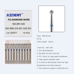 AZDENT 100pcs Dental Diamond Burs Ball Round FG 1.6mm for High Speed Handpiece