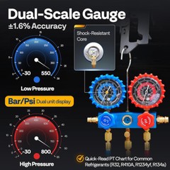 1/2HP 5CFM 2 Stage Air Vacuum Pump AC Manifold Gauge Set R32 R1234yf R454B R134a