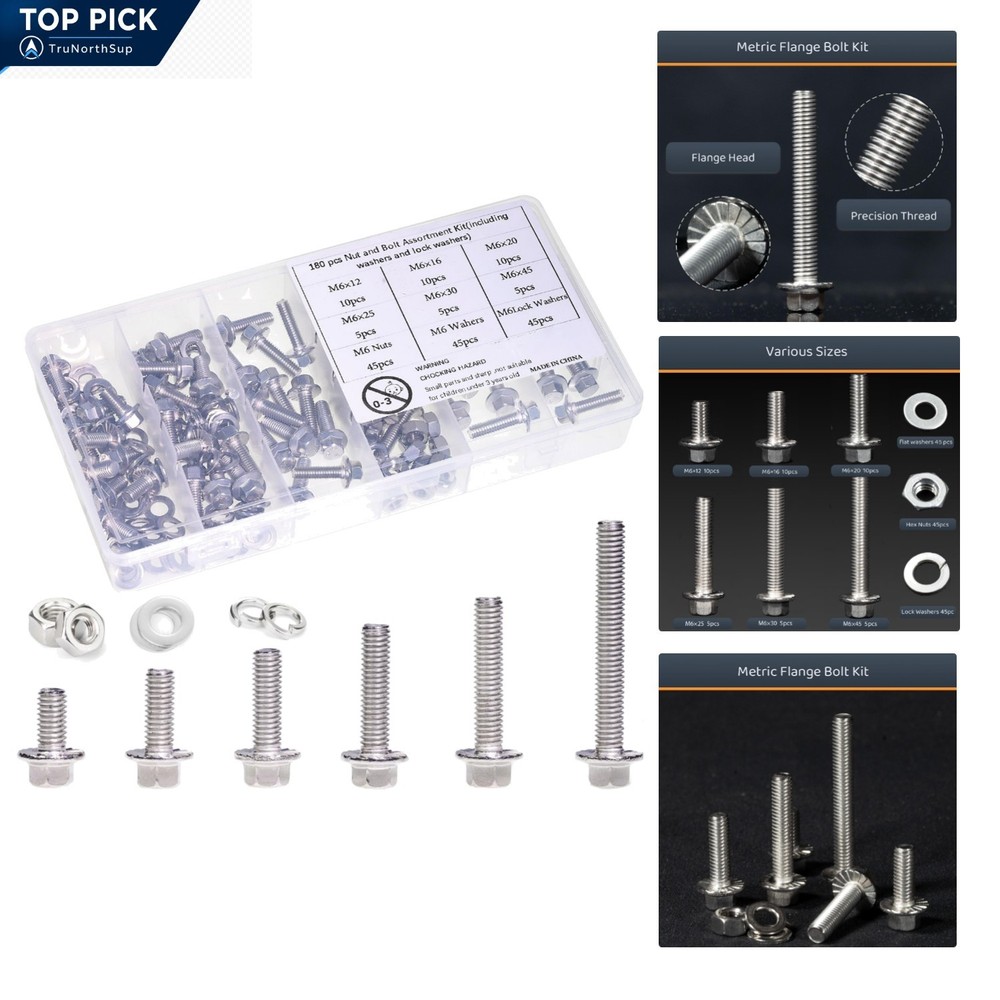 M6 Flange Hex Bolts Kit 180pcs Stainless Steel Assorted Lengths 12mm-45mm