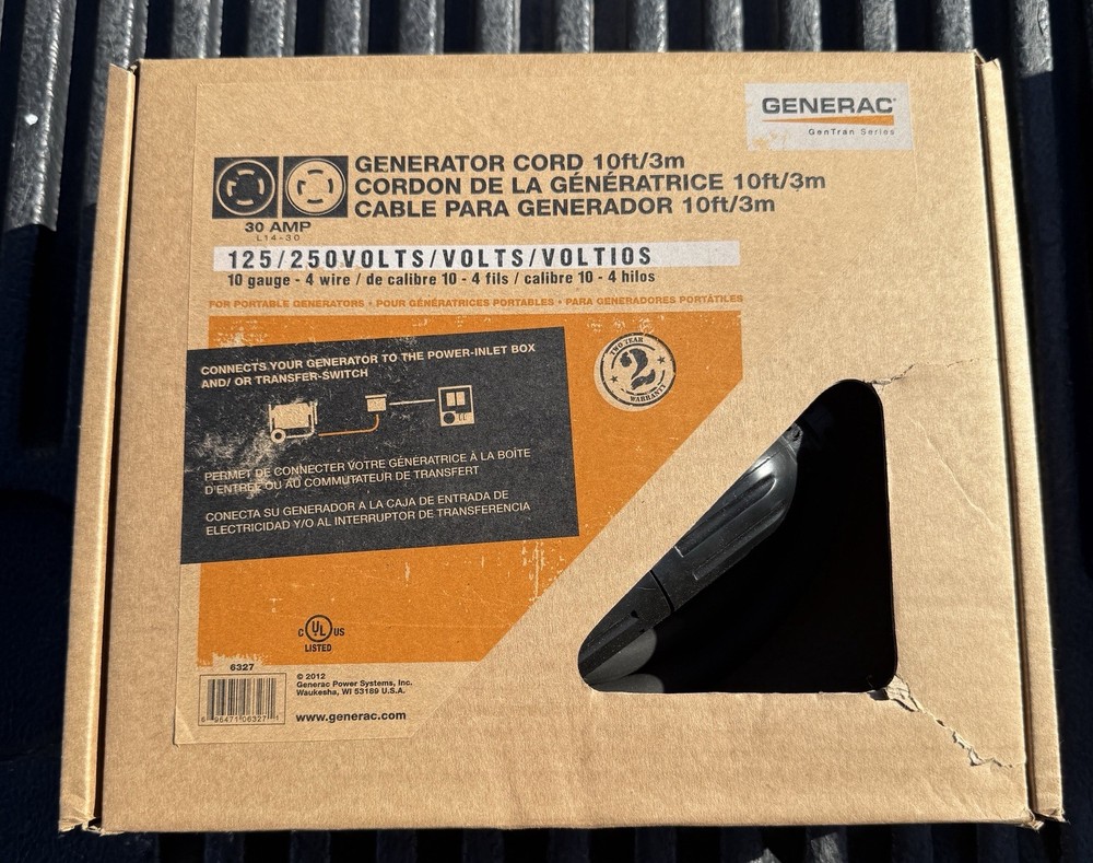Generac GNC-6327 10 Ft. 30 Amp Generator Cord With Nema L14-30 Up To 7500W