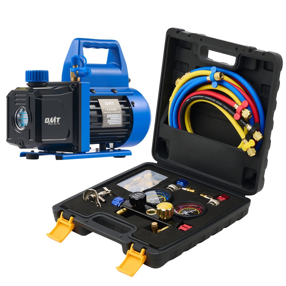 4.5CFM 1/3HP AC Vacuum Pump Kit w/ HVAC 4 Way Manifold Gauge Set for R134a R410a