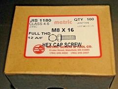 M8 X 16 JIS 1180 HEX CAP SCREW BOLT, BOX OF 100pcs, 12mm WRENCH SIZE, CLASS 4.6