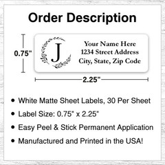 60 Return Address Labels Personalized Printed 3/4″ x 2 1/4″ Wreath Monogrammed