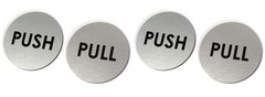 Brushed Silver Push Pull Door Signs – Set of 2, 2″ Round, Laser Engraved Acrylic
