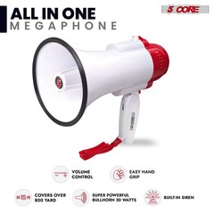5 Core Megaphone 30W Bull Horn PA Speaker w 800 Yards Range Loud Siren Voice Amp