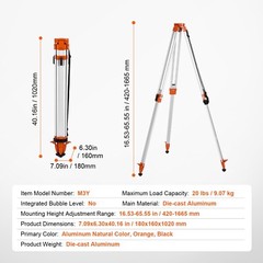 VEVOR Laser Level Tripod Stand 5/8″-11 Thread 16.53-65.55 in Height Adjustment