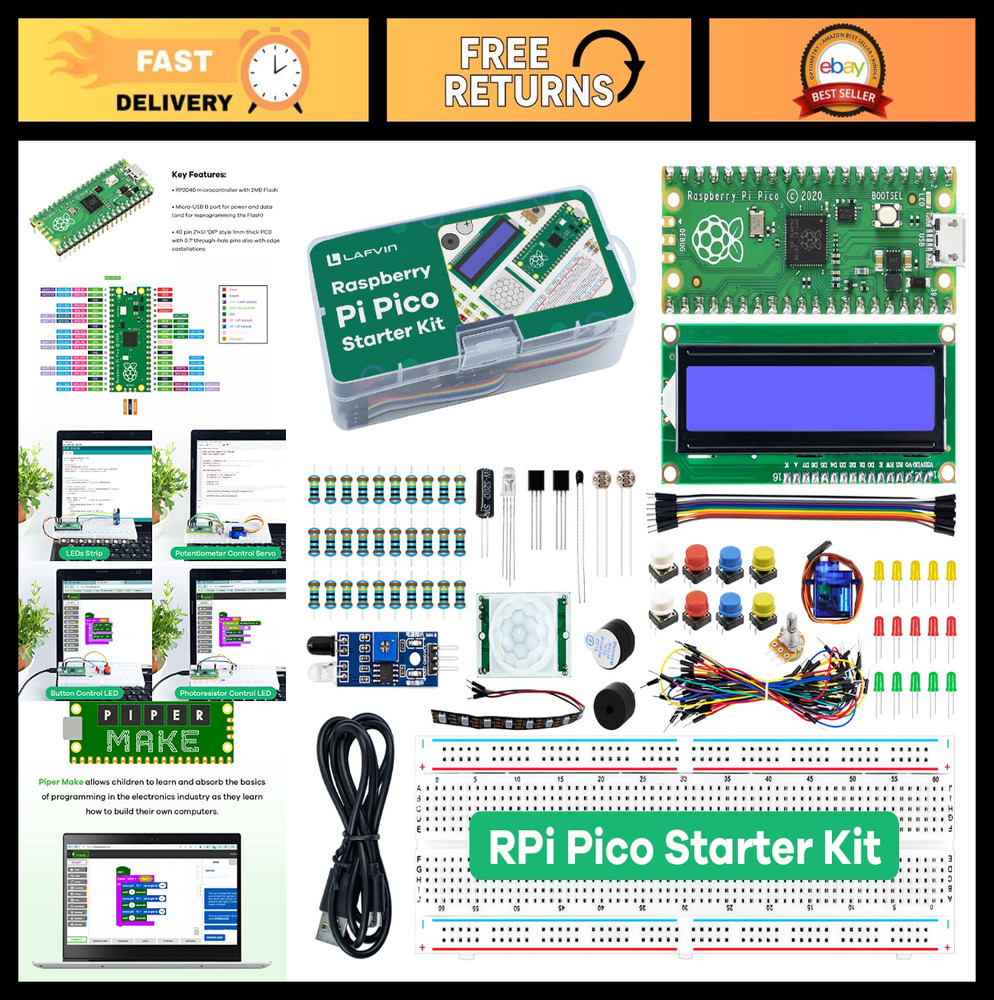 Raspberry Pi Pico Starter Kit with LCD1602, SG90 Servo Motor & Tutorial Guide