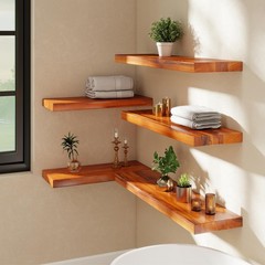 36 Inch Teak Floating Shelves Set of 2 – Solid Natural Wood Wall Mounted Shel…