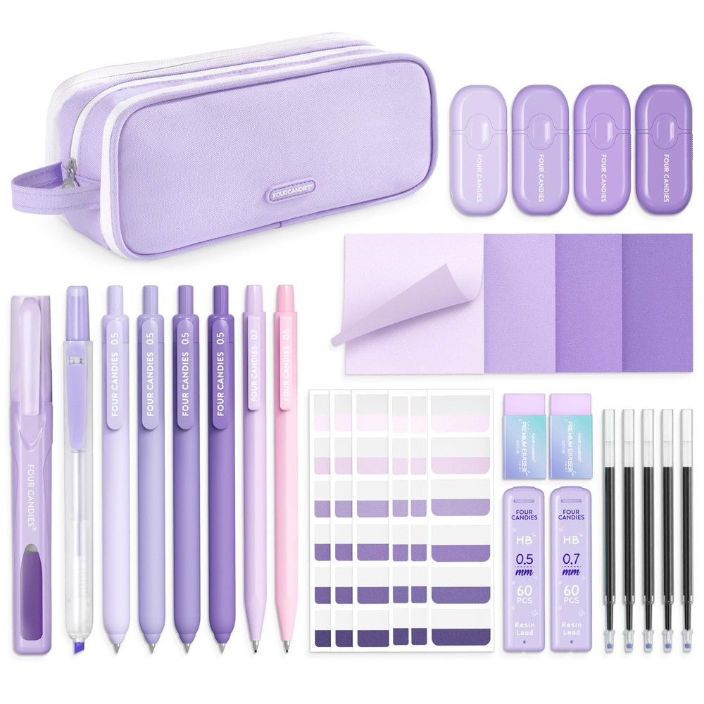 Four Candies Aesthetic Purple School Supplies Kit with Case for Girls Back to