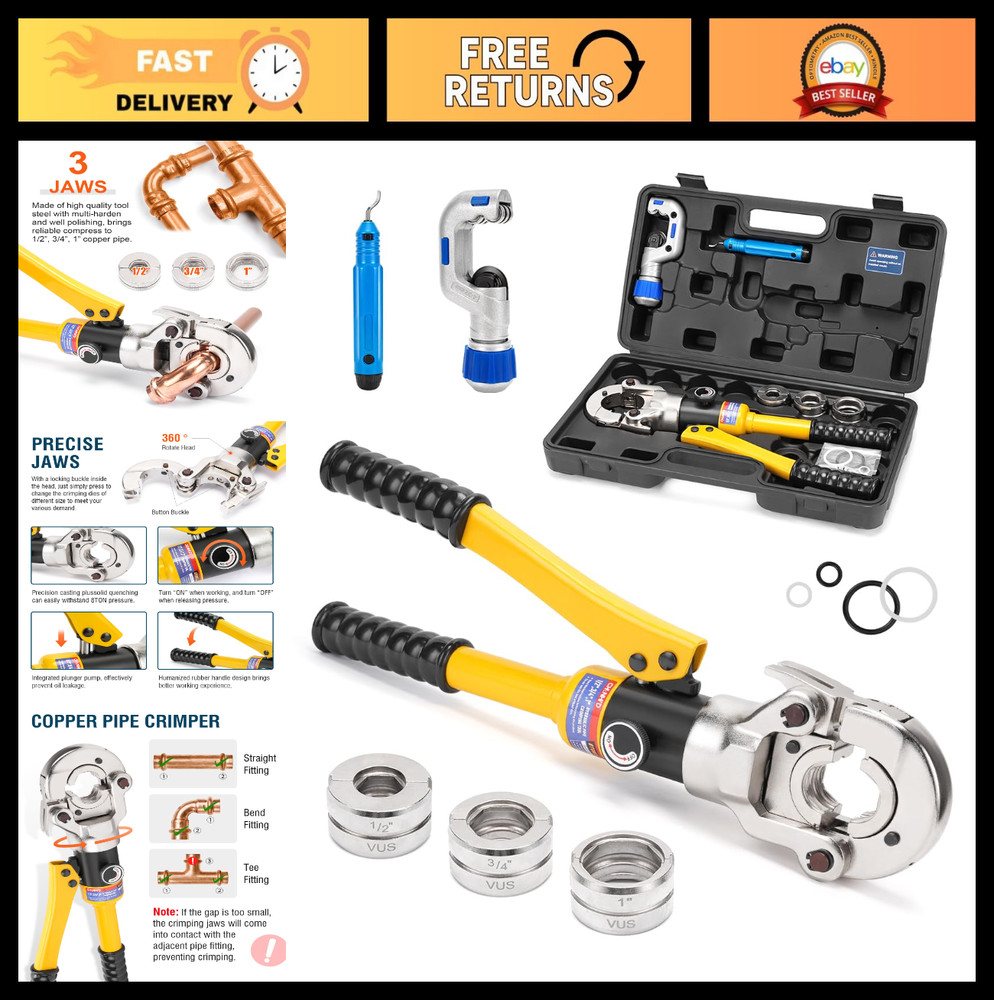 Hydraulic Copper Tube Fittings Crimping Tool Kit for PEX Pipe, 1/2″-1″ Press Pli