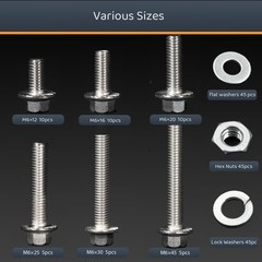 M6 Flange Hex Bolts Kit 180pcs Stainless Steel Assorted Lengths 12mm-45mm