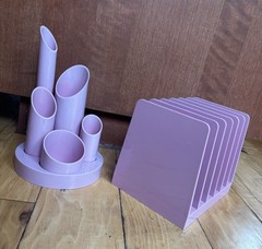 1980s Multi Cylinder Desk Caddy Organizer & Letter Divider Pink Acrylic Scarce
