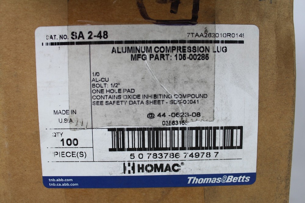 Box of 100 Thomas & Betts SA 2-48 1/2″ Aluminum Compression Lugs 78378674978