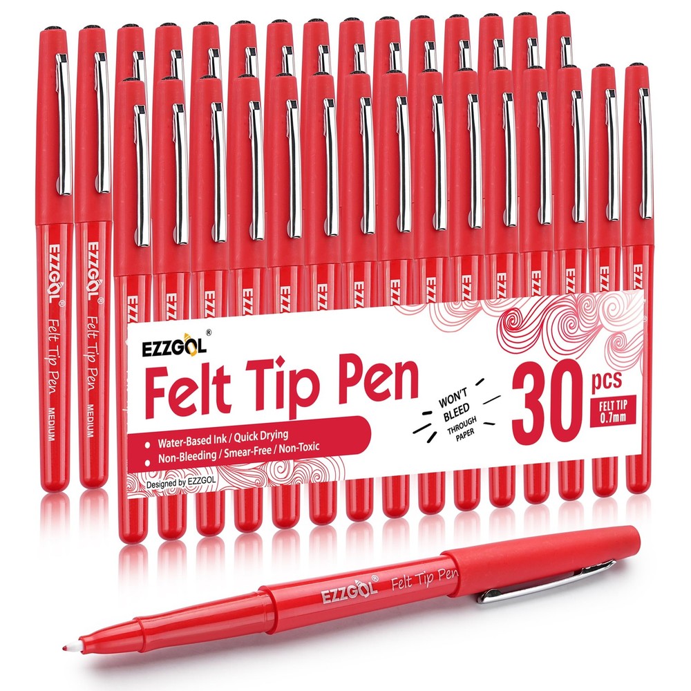 Red Felt Tip Pens, 30 Pack, 0.7mm Premium Medium Fine Point, Felt Tip Markers…
