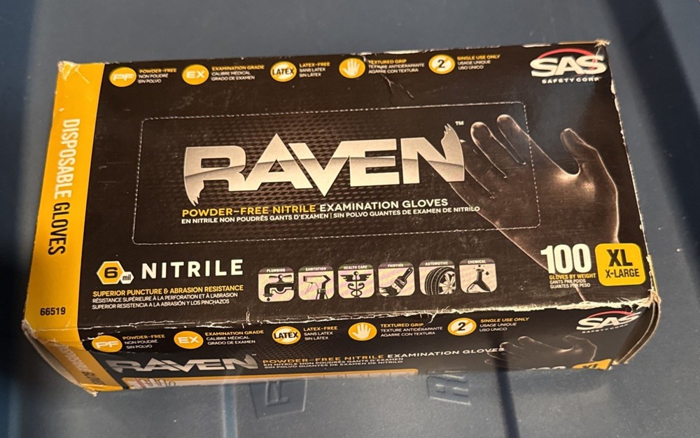 SAS Safety Raven Powder-Free Disposable Black Nitrile MPN 66519 Gloves, XL 100