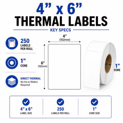 4×6 Thermal Labels 4 Rolls (1000 Total) 250/Roll 1” Core Direct Thermal Shipping