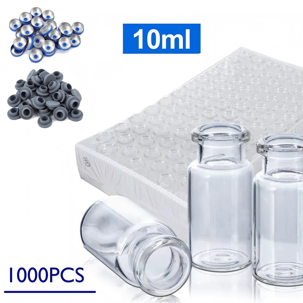 1000x 10ml Vials Glass Clear with Plastic-Aluminum Caps and Rubber Stoppers USA
