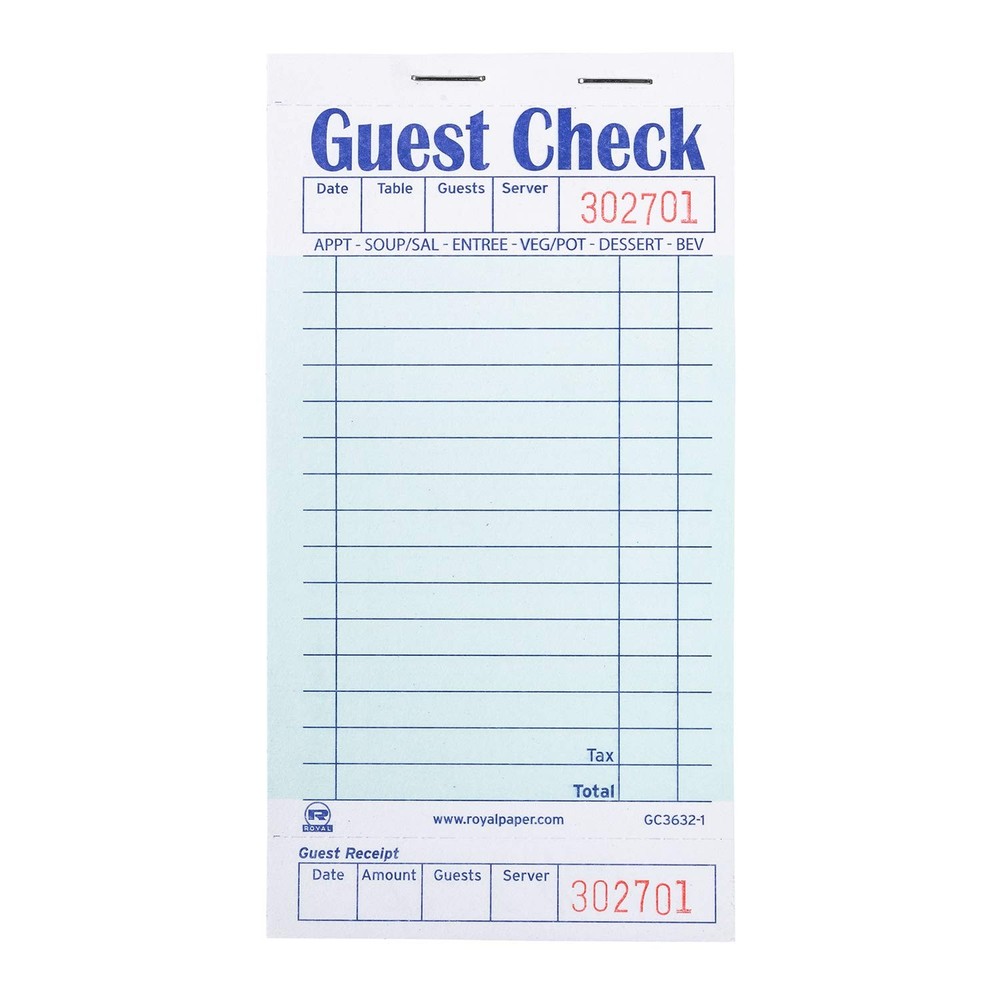 Royal AmerCare Green Guest Check Paper Receipt Book, Carbonless