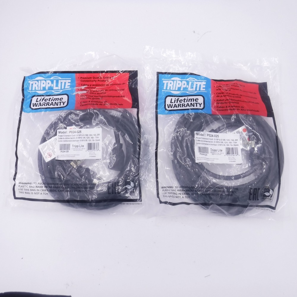 2 Pack 25′ Tripp-Lite P024-025 Power Extension Cords 125V 15A