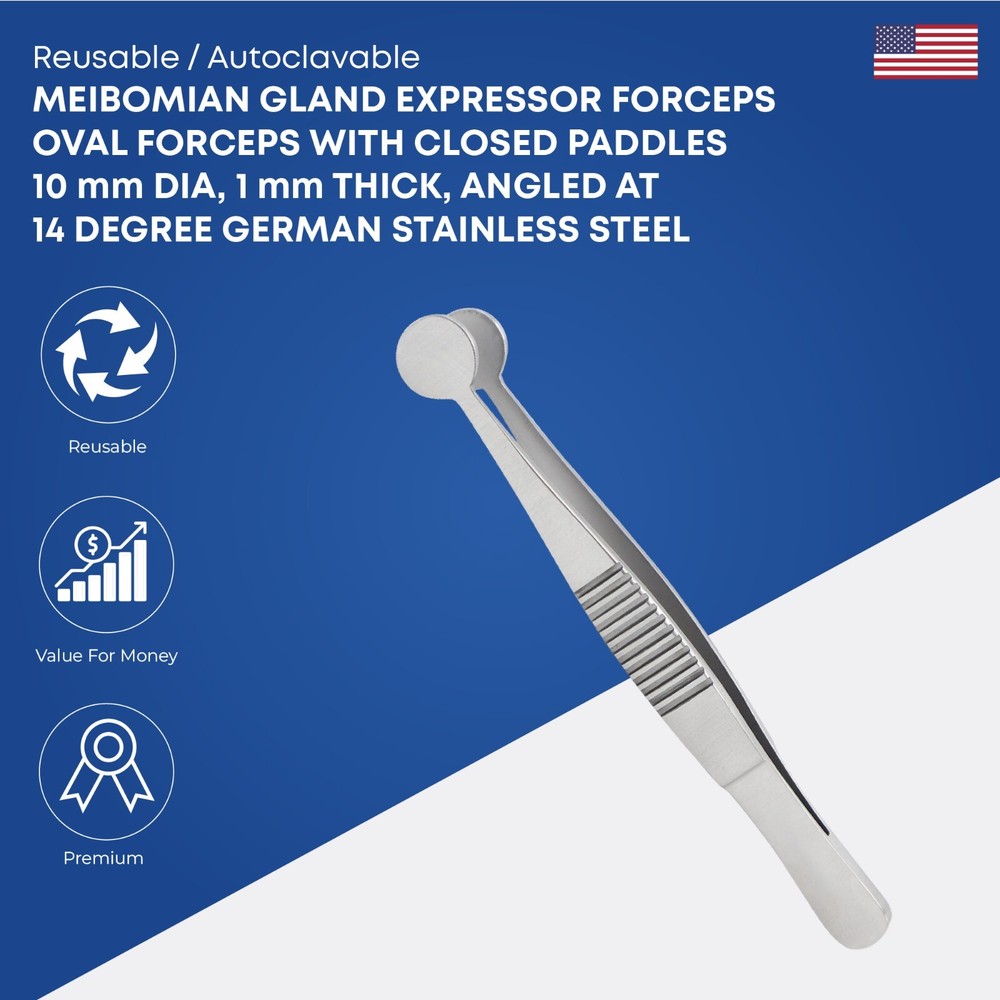 Meibomian Gland Expressor Forceps 10mm Oval Paddles Angled Ophthalmic Instrument