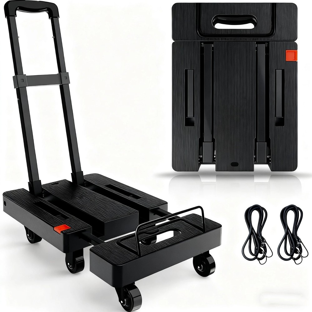 Folding Hand Truck 500LB Utility Cart 6 Wheel Platform Dolly with Ropes