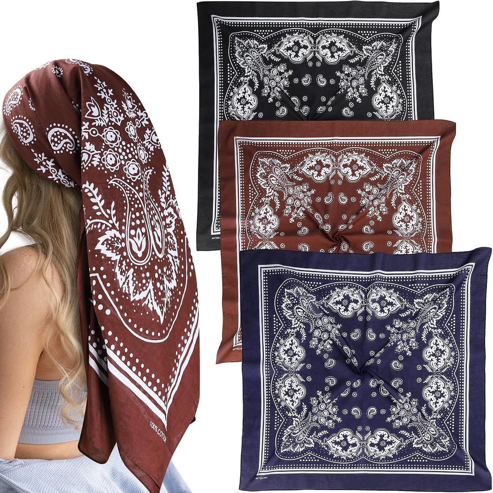 100% Cotton 35″ X 35″ Large Head Scarf for Women‘S Hair, 3 Pcs Versatile Square