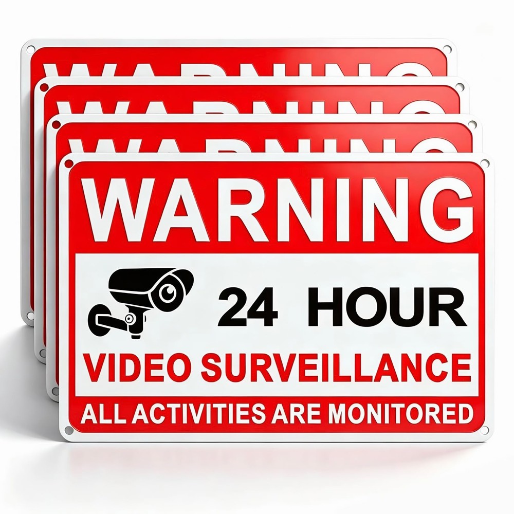 4 Pack Video Surveillance Signs, 8 x 12 Inch Aluminum Camera Signs, CCTV Secu…