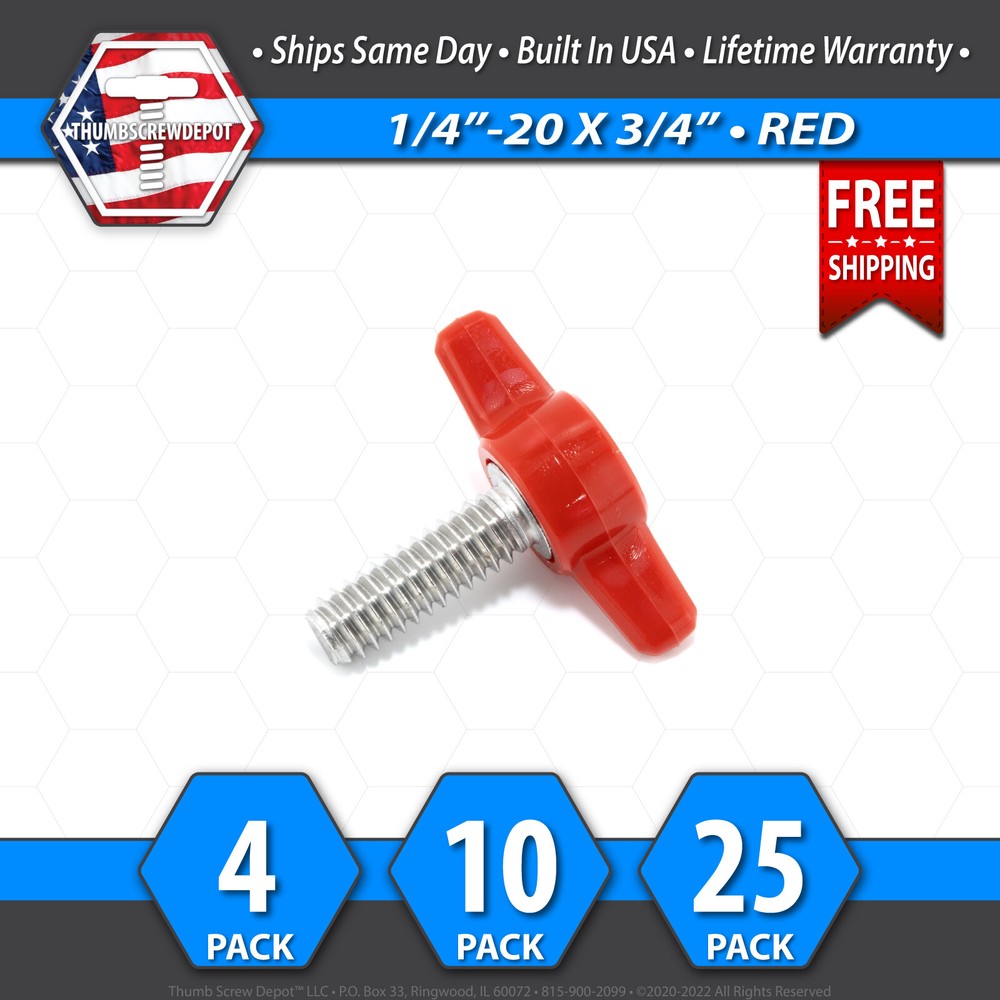 1/4″-20 x 3/4″ Thumb Screw Stainless Steel – Red Tee / Wing Knob – USA