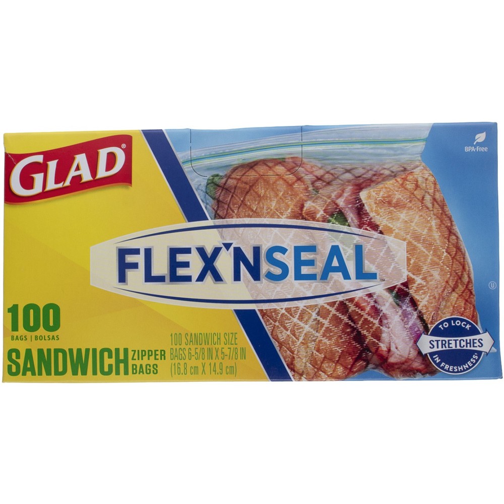 4 Pack Glad FLEX N SEAL Sandwich Zipper Bags, 16.8 cm X 14.9 cm, 12 oz, 100 Ct
