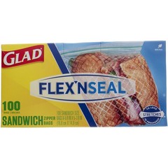4 Pack Glad FLEX N SEAL Sandwich Zipper Bags, 16.8 cm X 14.9 cm, 12 oz, 100 Ct