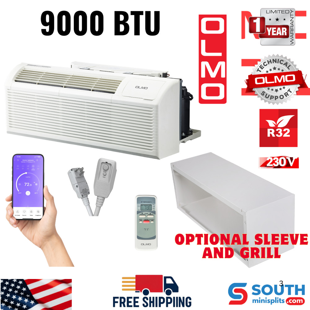 OLMO 9,000 BTU Smart PTAC AC w/ Heat Strip 230V PTHP Heating & Cooling W/ Remote