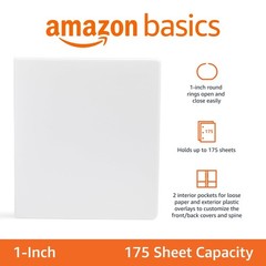 Amazon Basics 3-Ring Binder, 1-Inch, Customizable, with Pockets 1-Pack, White