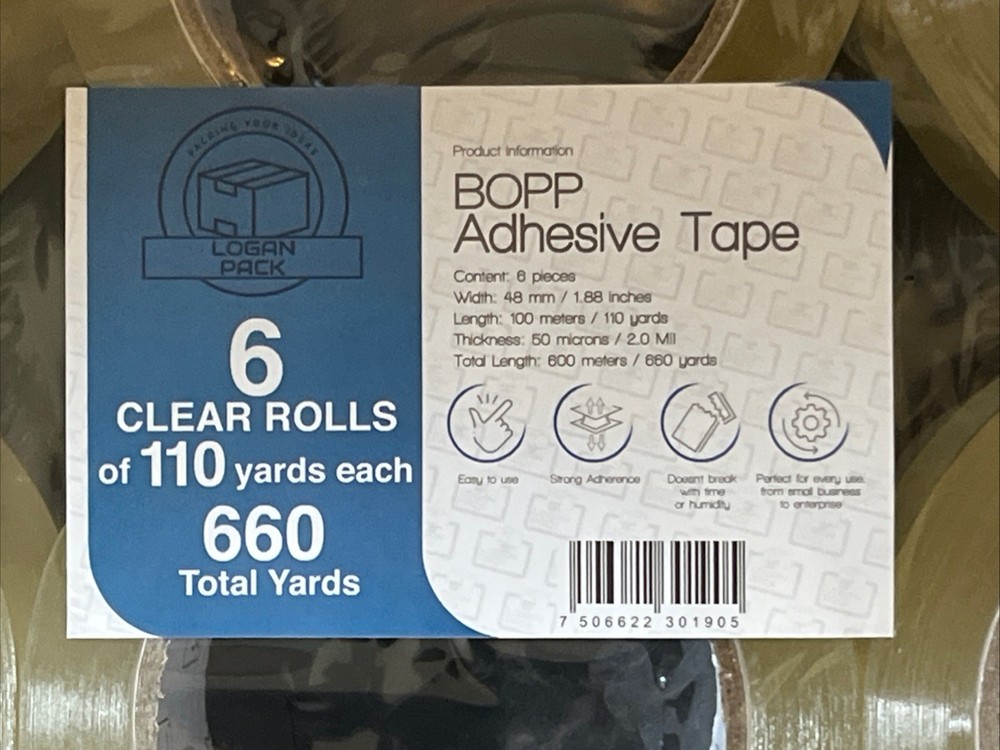 BOPP Packing Tape 1.88 inch x 110 Yards x 2 mi Clear 6 Roll Package (LOGAN)