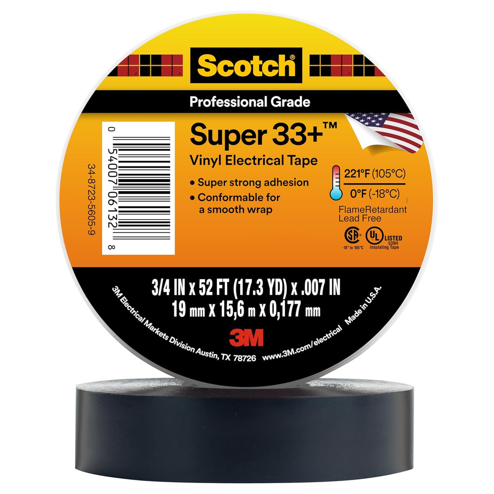 3M Scotch Super 33+ Electrical Tape – 3/4 in X 52 Ft, Premium Grade All-Weather