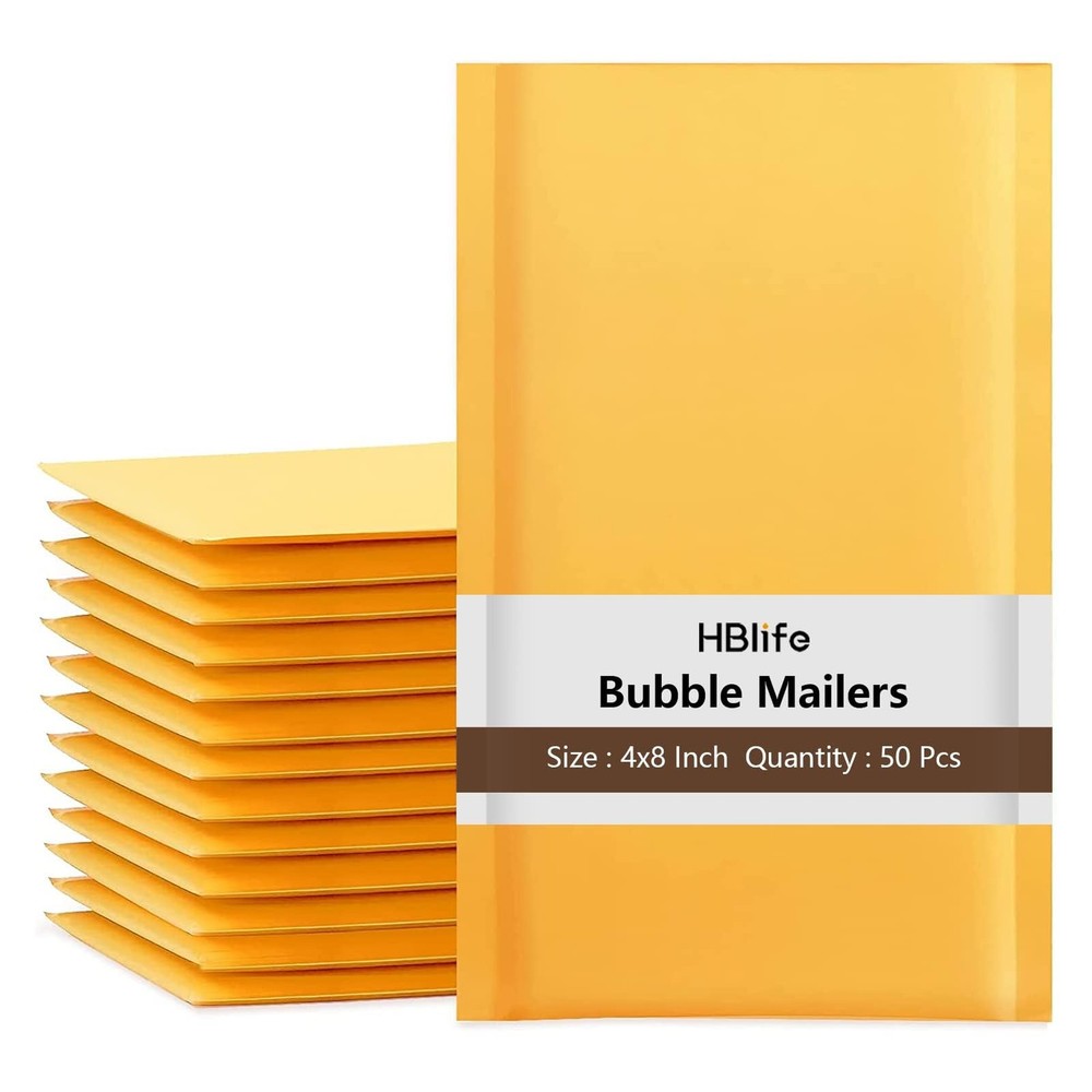 50Pcs Bubble Mailers, 4X8 Inches Self Seal Kraft Poly Mailers, Padded Envelopes