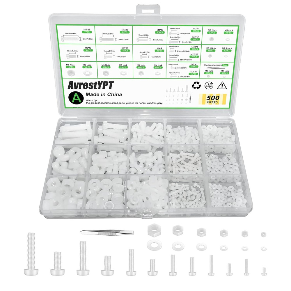 500 Pcs White Nylon Plastic Pan round Head Screws Bolts and Nuts and Gaskets