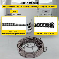 Drain Cleaning Cable 100 Ft. X 3/8 In., Solid Core Steel Sewer Cable, 4 Cutter f