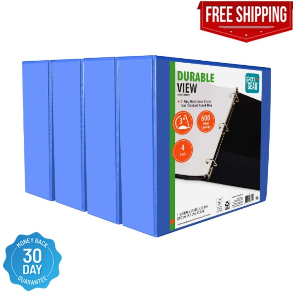 Pen + Gear Durable View 3-Ring Binder with 3-Inch Rings 4 Pack (Blue)