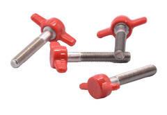 4 Pack – 1/4″- 28 Fine x 2″ Long Thumb Screws / Red Tee Wing / Delrin Head SS