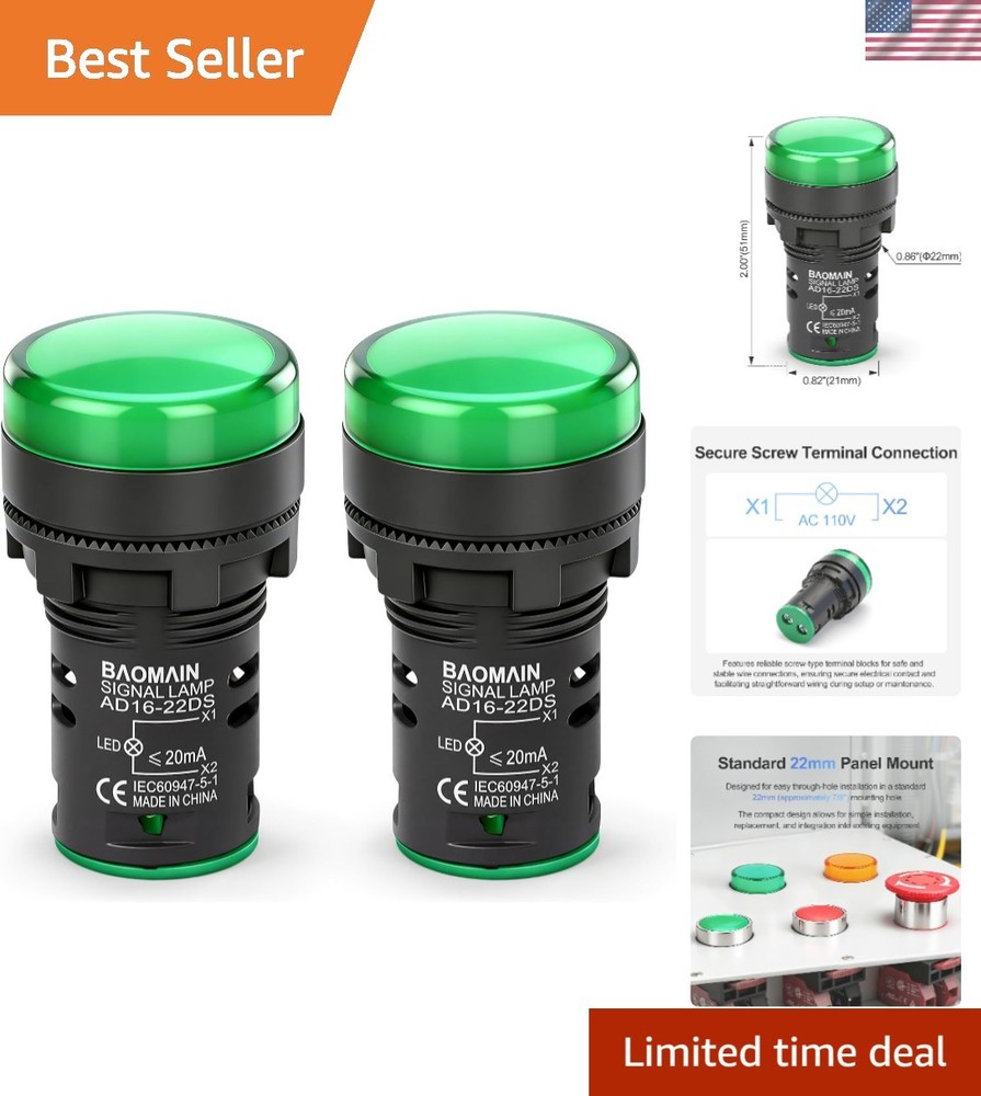 Energy Efficient 110V AC LED Indicator Light – 22mm Panel Mount, Green, 2-Pack