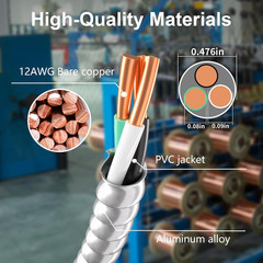 100 Ft 12/2 MC Cable with Ground, Aluminum Armor, UL Listed, Indoor/Outdoor