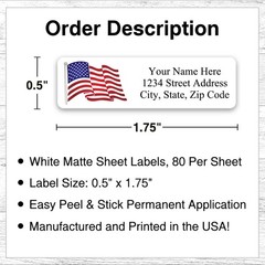 400 Personalized Return Address Labels Stickers 1/2 x 1 3/4 Waving American Flag