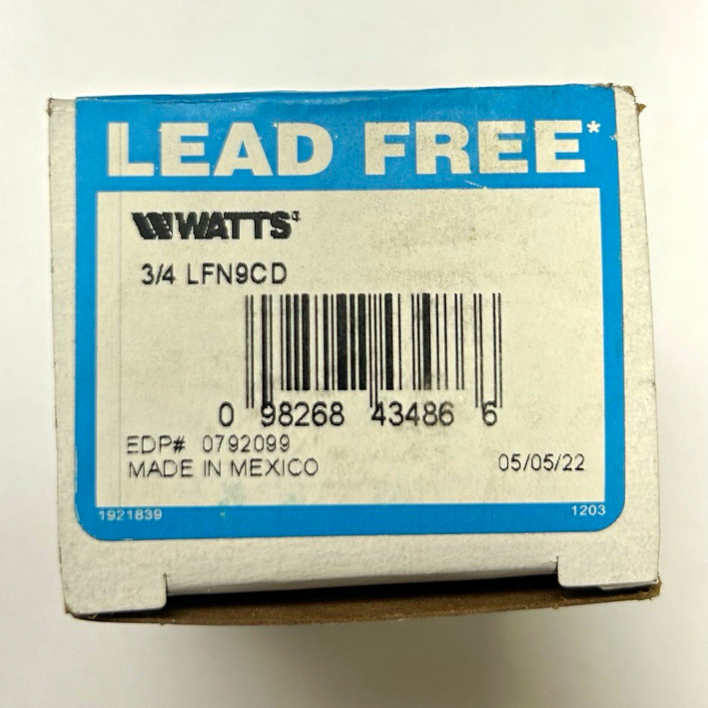 Watts LFN9CD 3/4in Lead Free Brass Quick Coupler Socket, Male & Female NPT