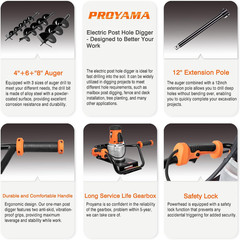 PROYAMA Electric Post Hole Digger, 1700W Corded Earth Auger with 4″ 6″ 8″ Drill